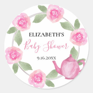 Baby Shower Baby wird Pink Teekanne Floral Runder Aufkleber