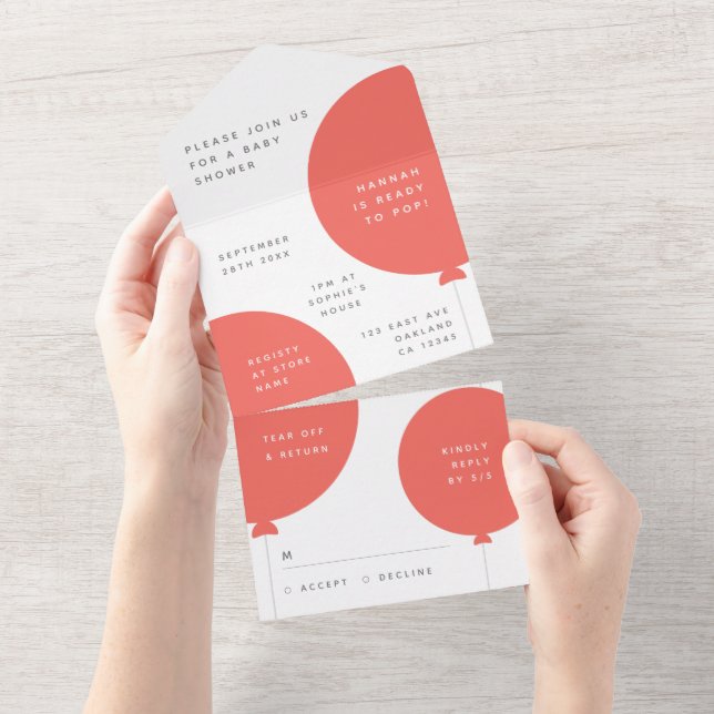 Baby Shower Balloon | Coral Pink Minimalistische U All In One Einladung (Abreißen)