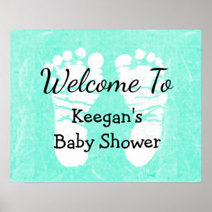 Baby Shower Banner Poster Aquamarin Foot Prints