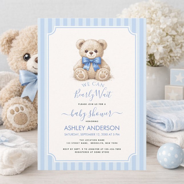 Baby Shower Bearly Wait Teddy Bear & Blue Stripes Einladung (Von Creator hochgeladen)
