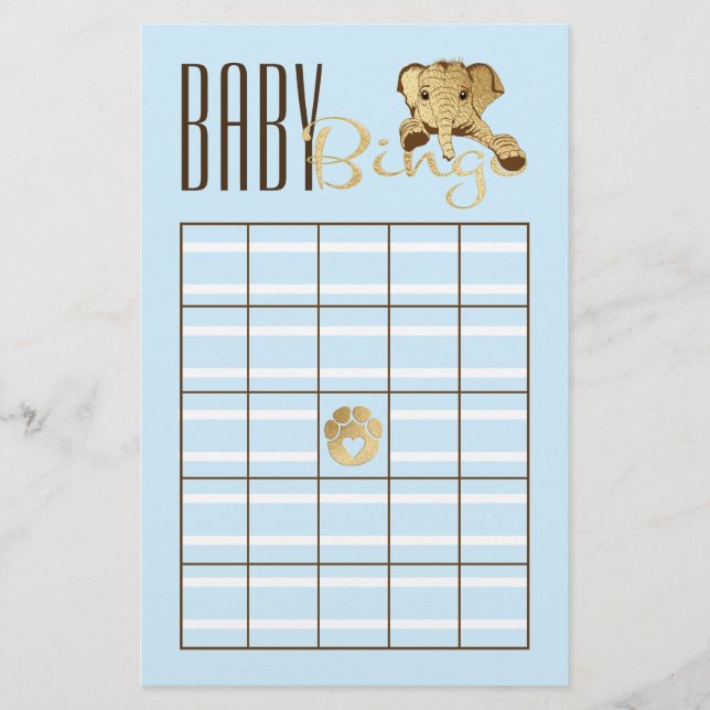 Baby Shower BINGO Baby Blue Gold Elephant Flyer (Vorne)