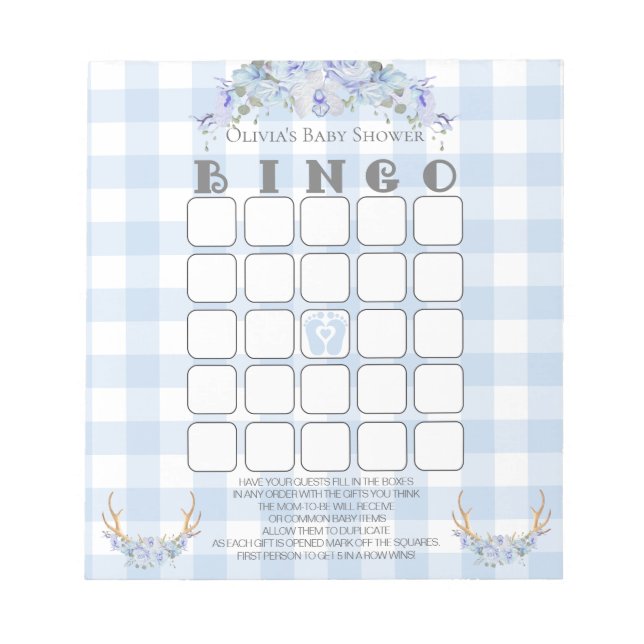 Baby Shower Bingo BOHO Baby Blue Gingham Notizblock (Vorderseite)