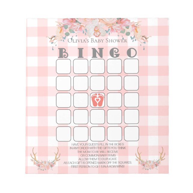 Baby Shower Bingo BOHO Baby Coral Gingham Notizblock (Vorderseite)