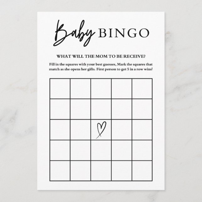Baby Shower Bingo Card Game Hinweiskarte (Vorderseite)