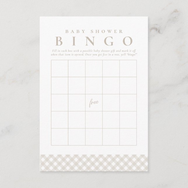 Baby shower bingo cute neutral gingham party card einladung (Vorderseite)