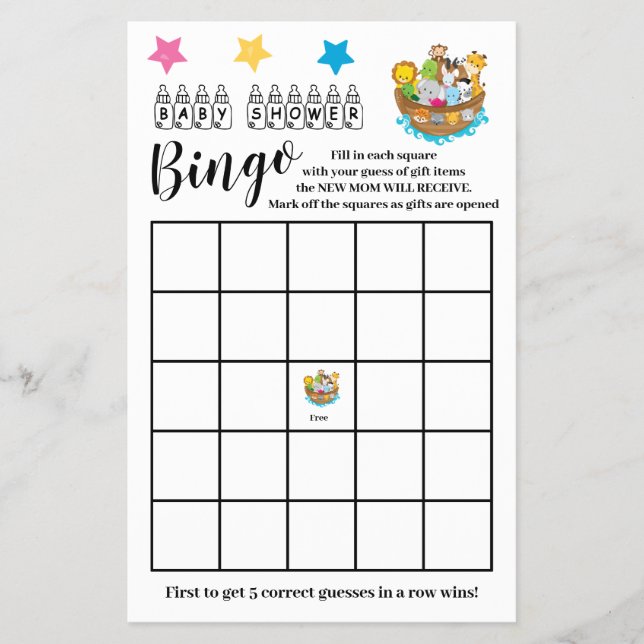 Baby Shower Bingo Noah's Ark Game Card Flyer (Vorne)