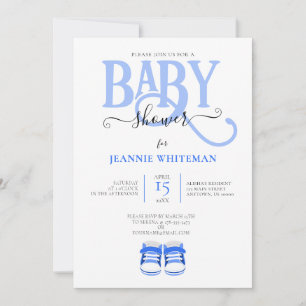 BABY SHOWER, BLAUE SCHÜHCHEN, BLAUE TYPOGRAFIE EINLADUNG