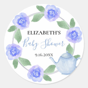 Baby-Shower Blaue Teekanne Florales Baby Boy ist u Runder Aufkleber