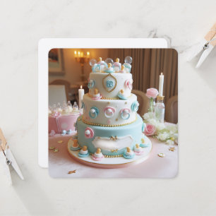 BABY SHOWER, BLAUER UND WEISSER KUCHEN MIT SCHNULL EINLADUNG