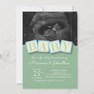 Baby Shower Blocks Boy Kariert Ultrasound Foto Inv Einladung