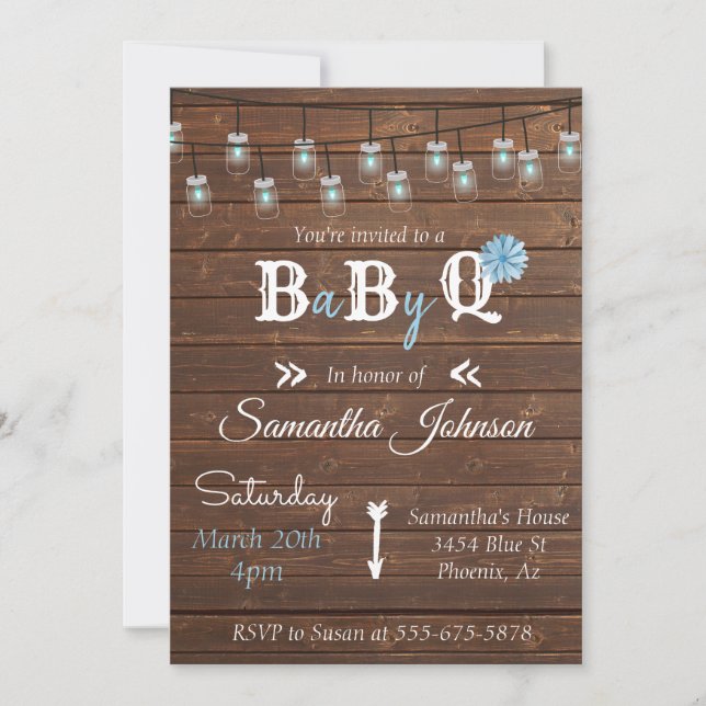 Baby Shower Blue Boy Party GRILLEN Rustic Wood Einladung (Vorderseite)