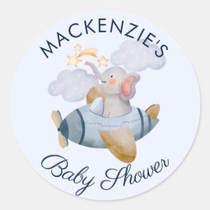 Baby Shower Blue Boy's Elephant Flugzeug Classic R Runder Aufkleber