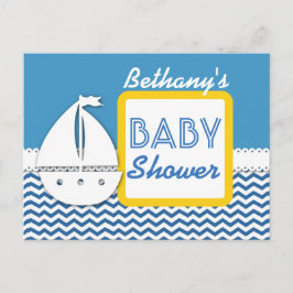 BABY SHOWER Blue Chevrons and Sailboat for Boy A01 Ankündigungspostkarte