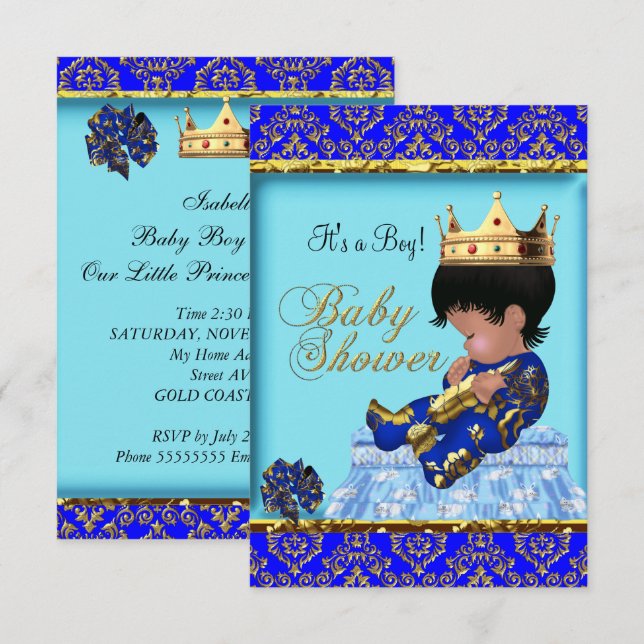 Baby Shower Blue Gold Boy Prince Einladung (Vorne/Hinten)