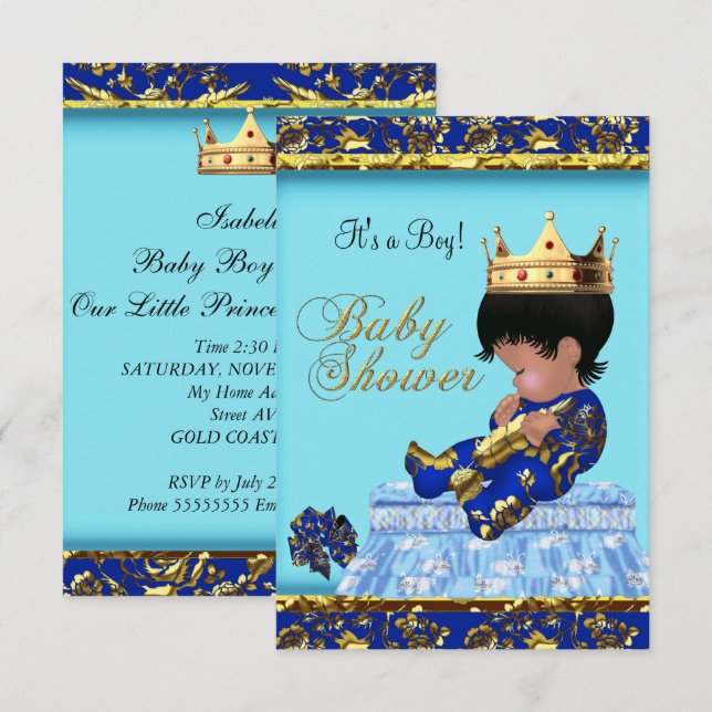 Baby Shower Blue Gold Boy Prinz Einladung (Vorne/Hinten)