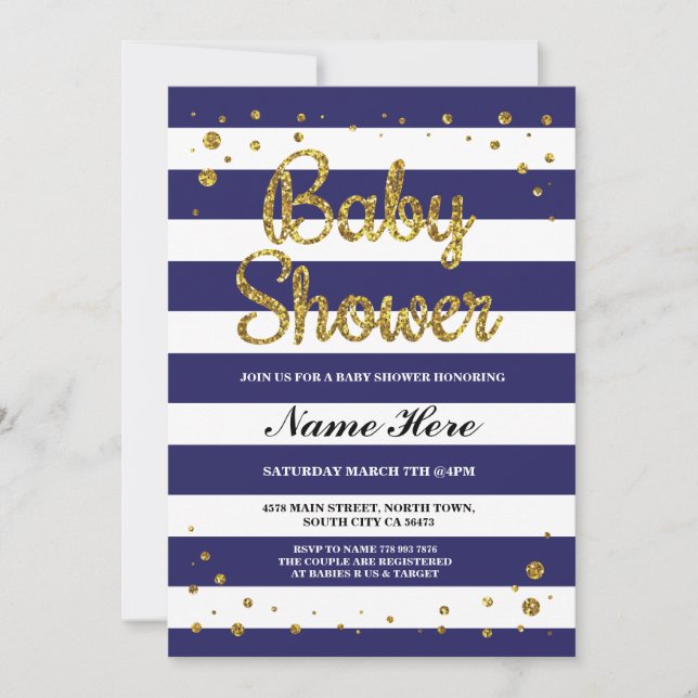 Baby Shower Blue Navy Strip Gold Glitzer laden Einladung (Vorderseite)