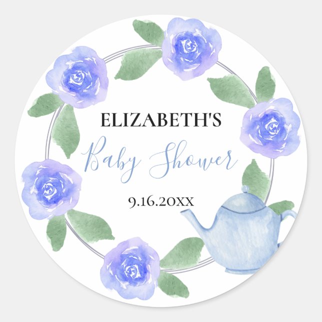 Baby Shower Blue Teapot Floral Baby Boy wird braue Runder Aufkleber (Vorderseite)