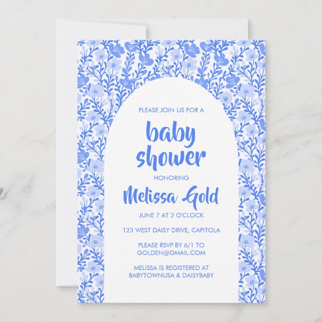 BABY SHOWER Blumenarch Blaue Blume Muster CUSTOM Einladung (Vorderseite)