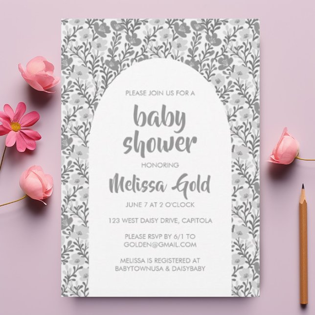BABY SHOWER Blumenbogen Grau Blume Muster CUSTOM Einladung (Von Creator hochgeladen)