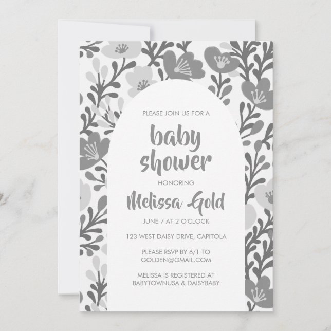BABY SHOWER Blumenbogen Grau Blume Muster CUSTOM Einladung (Vorderseite)