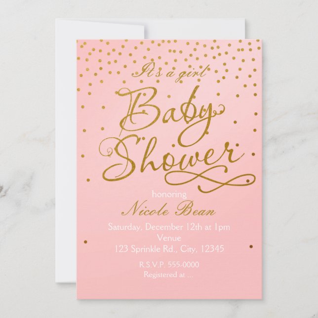 BABY SHOWER Blush Pink & Gold Confetti Einladung (Vorderseite)