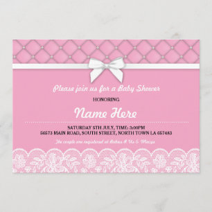 Baby Shower Bow Lace Pearls GirI Pink Twins Einlad Einladung