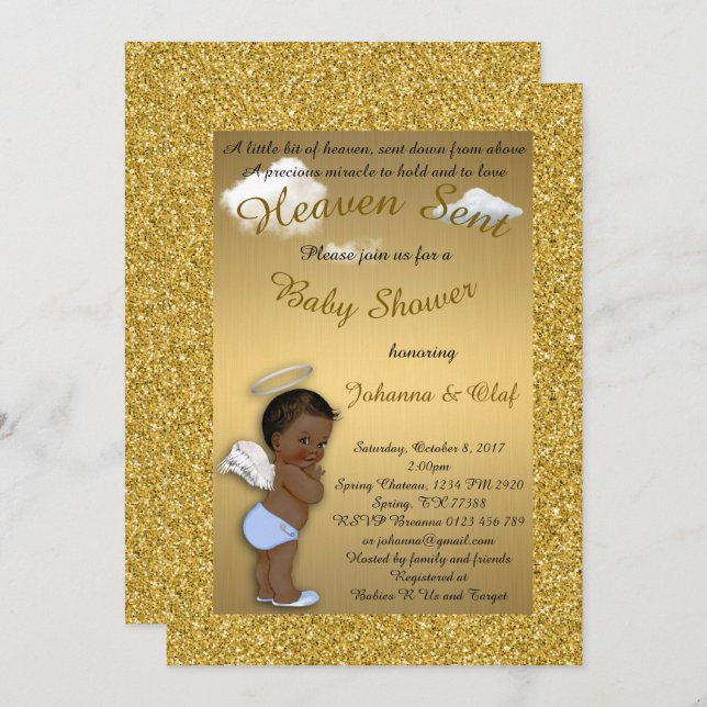 Baby Shower Boy, Afro American, Baby Angel, Gold Einladung (Vorne/Hinten)