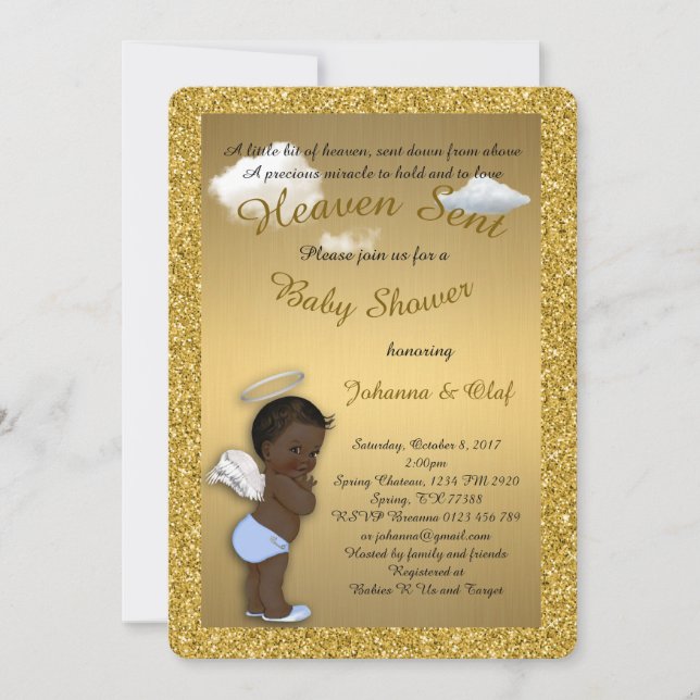 Baby Shower Boy, Afro American, Baby Angel, Gold Einladung (Vorderseite)