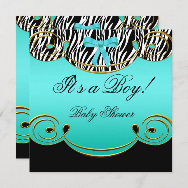 Baby Shower Boy Aquamarin Blue Black Zebra Einladung (Vorne/Hinten)