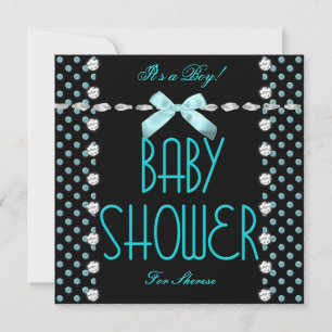 Baby Shower Boy Aquamarin Blue Schwarz-weiß Polka Einladung