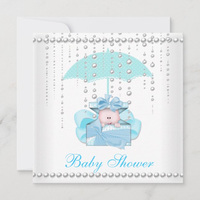 Baby Shower Boy Baby Blue Umbrella Pearl White Einladung (Vorderseite)