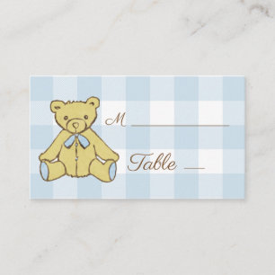 Baby Shower Boy Bear Blue White Kariert Platzkarte