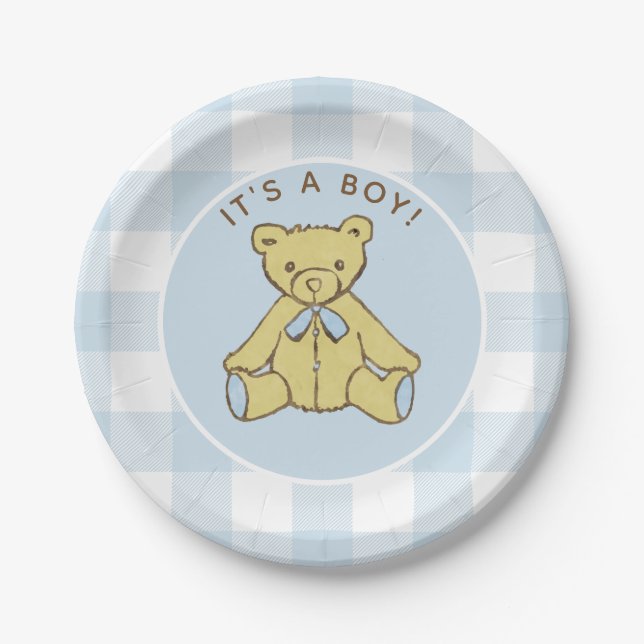 Baby Shower Boy Bear mit Blue Buffalo Karo Pappteller (Vorderseite)