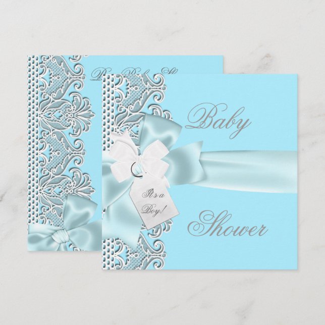 Baby Shower Boy Blue Aquamarin Grau White Lace Einladung (Vorne/Hinten)