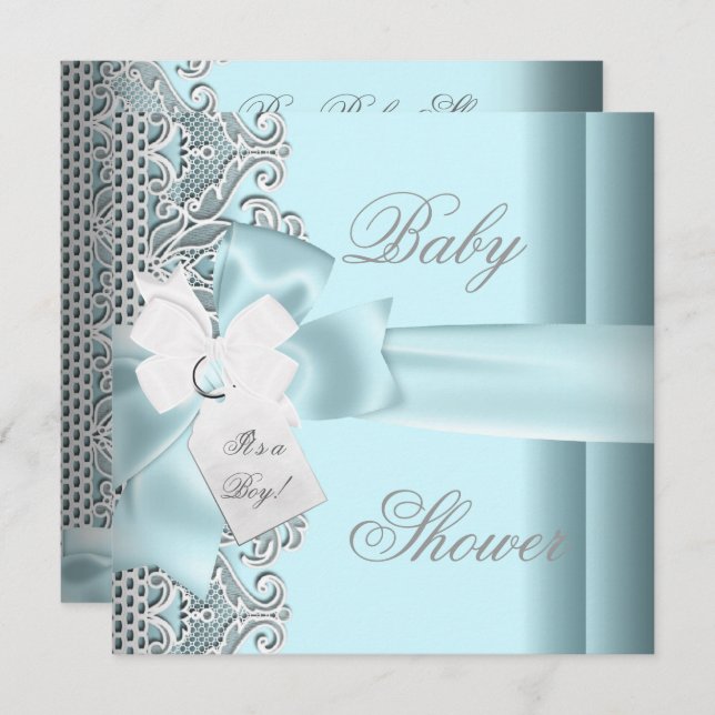 Baby Shower Boy Blue Aquamarin Grau White Lace Einladung (Vorne/Hinten)