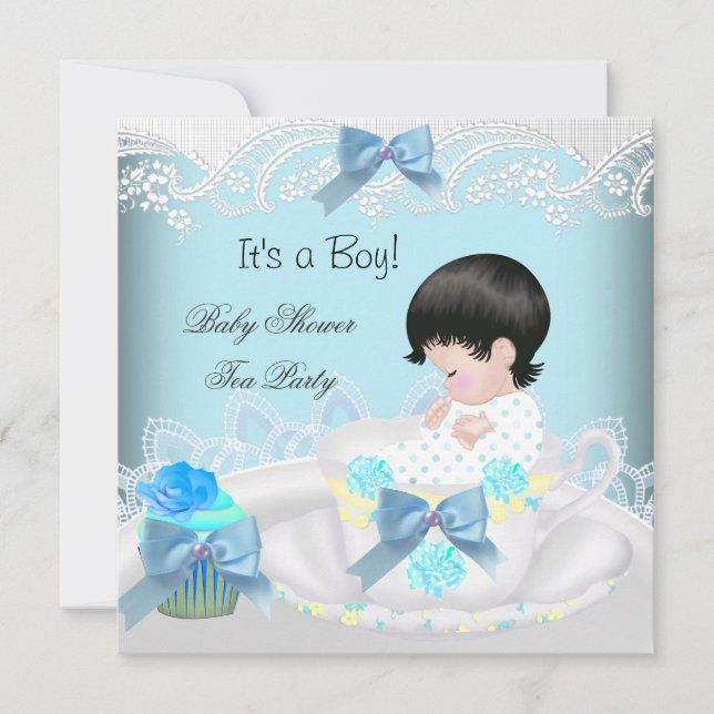 Baby Shower Boy Blue Baby Teacup Cupcake 2 Einladung (Vorderseite)
