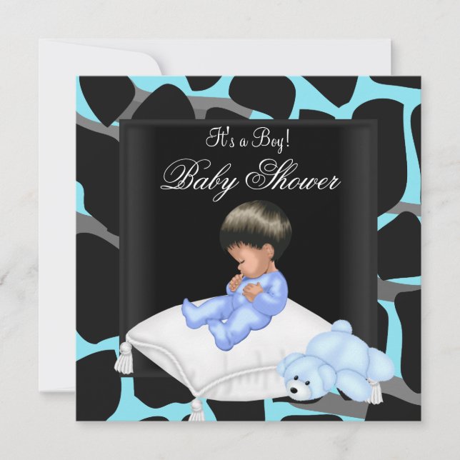 Baby Shower Boy Blue Black Animal Print Einladung (Vorderseite)