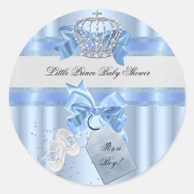Baby Shower Boy Blue Little Prince Crown 3a Runder Aufkleber (Vorderseite)