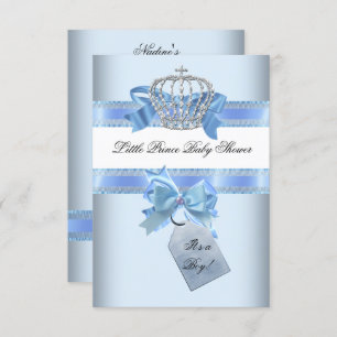 Baby Shower Boy Blue Little Prince Crown bow sml Einladung