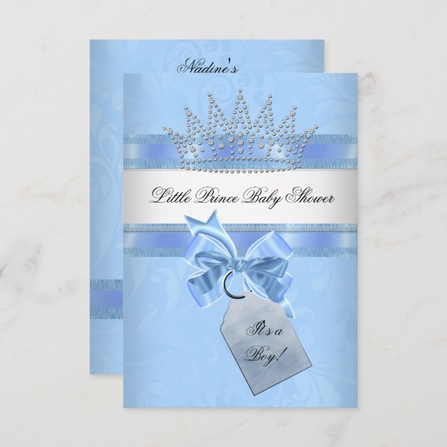 Baby Shower Boy Blue Little Prince Crown Damask Einladung (Vorne/Hinten)