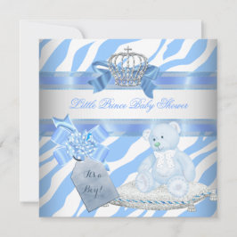 Baby Shower Boy Blue Zebra Prince Crown Teddy Bear Einladung