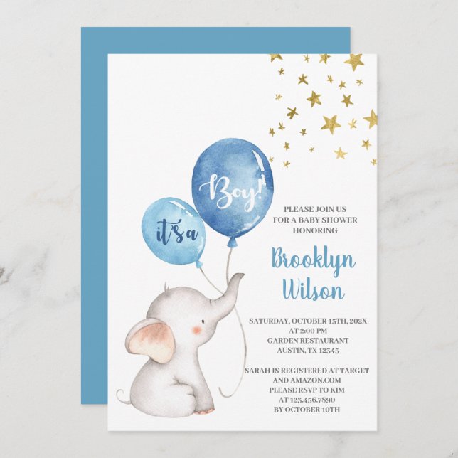 Baby Shower Boy Elephant Einladung (Vorne/Hinten)