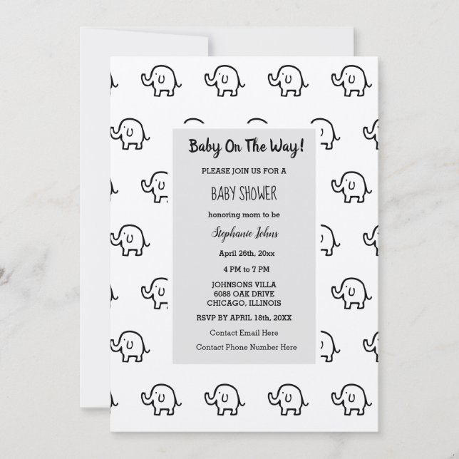 Baby Shower Boy Girl Elephant Muster Gray Silver Einladung (Vorderseite)