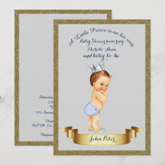 Baby Shower BOY, Glitzer Rahmen, grau & gold. Einladung