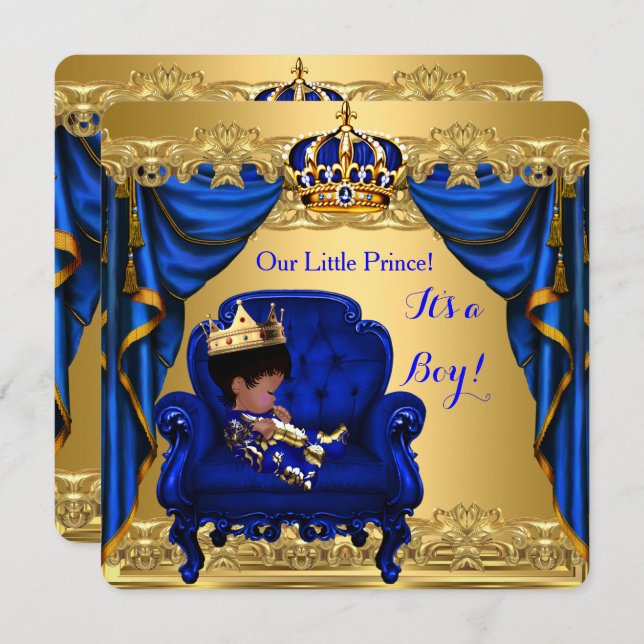 Baby Shower Boy Little Prince Royal Blue Golden Einladung (Vorne/Hinten)