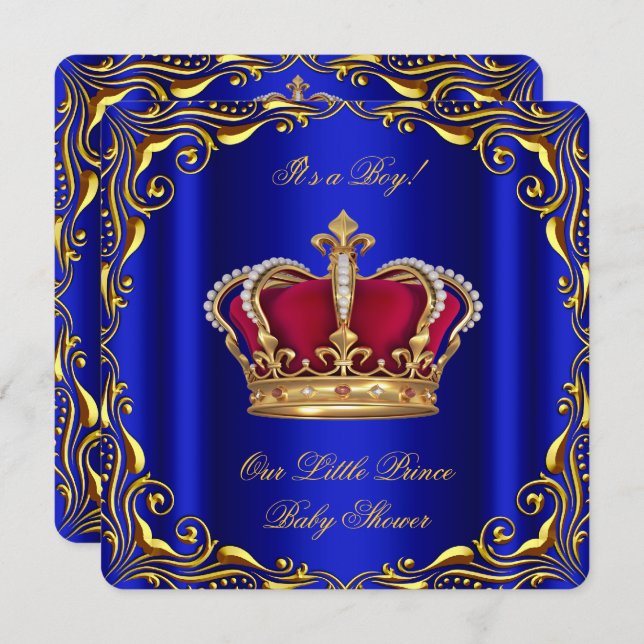 Baby Shower Boy Little Prince Royal Blue Red Gold Einladung (Vorne/Hinten)