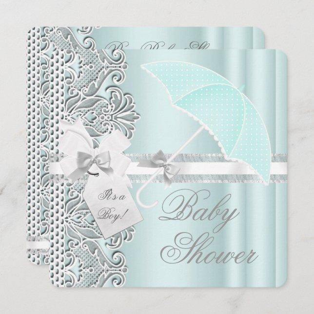 Baby Shower Boy Mint Blue Gray White Lace Einladung (Vorne/Hinten)