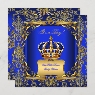 Baby Shower Boy Royal Blue Damask Gold Crown Einladung