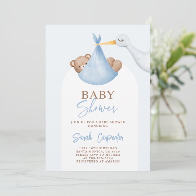 Baby Shower Boy Stork Einladung (Stehend Vorderseite)