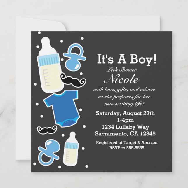 Baby Shower Boy Things Blue & Gray Modern Einladung (Vorderseite)